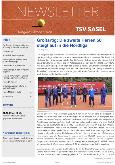TSV Sasel Tennis Newsletter Oktober 2020