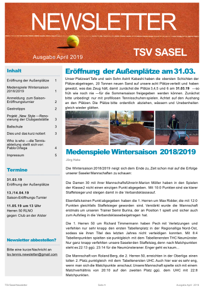 TSV Sasel Tennis Newsletter April 2019