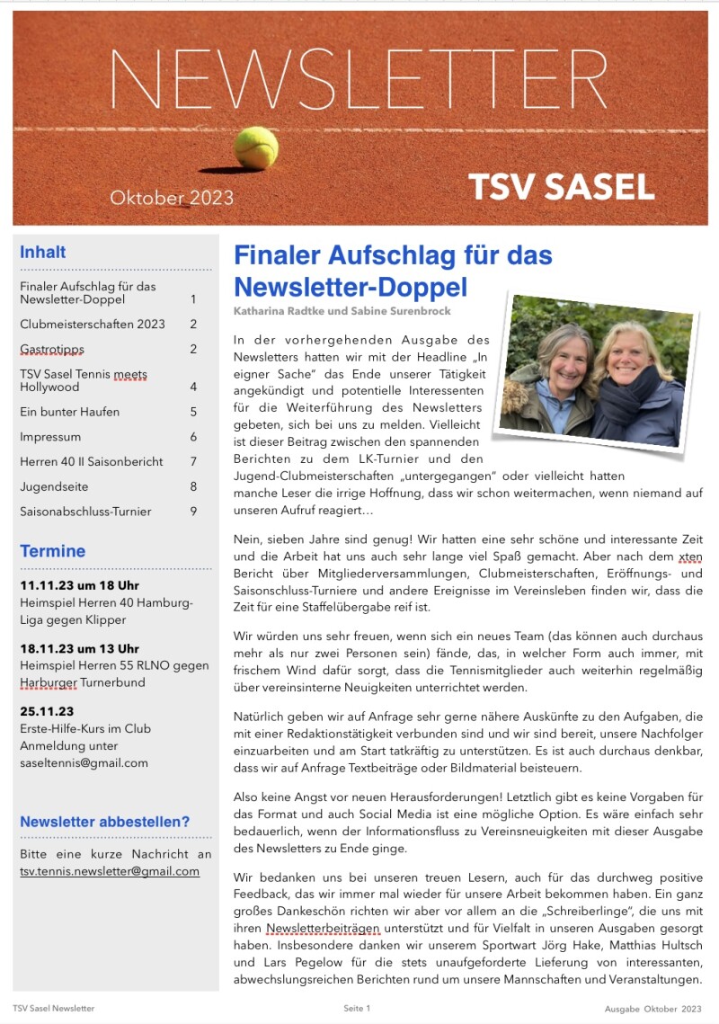 TSV Sasel Tennis Newsletter Oktober 2023