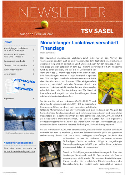 TSV Sasel Tennis Newsletter Februar 2021