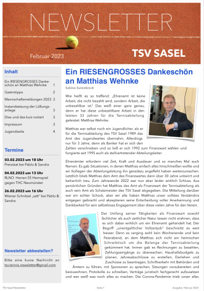 TSV Sasel Tennis Newsletter Februar 2023