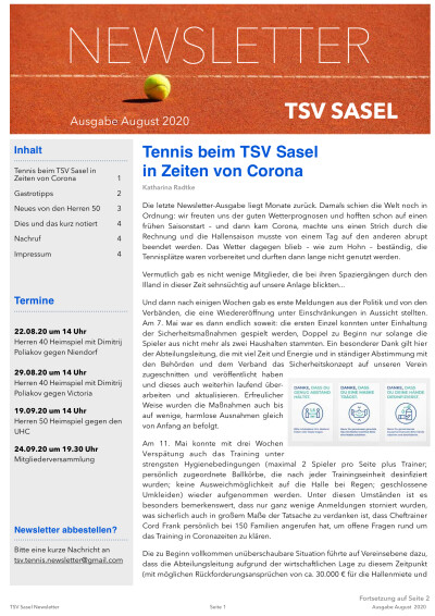 TSV Sasel Tennis Newsletter August 2020