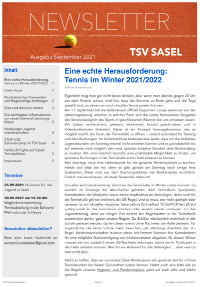 TSV Sasel Tennis Newsletter September 2021