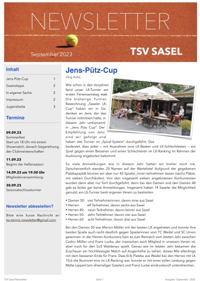 TSV Sasel Tennis Newsletter September 2023
