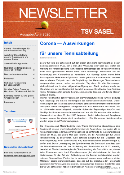 TSV Sasel Tennis Newsletter April 2020