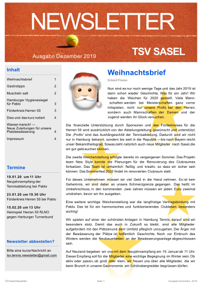 TSV Sasel Tennis Newsletter Dezember 2019