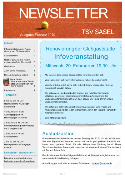 TSV Sasel Tennis Newsletter Februar 2019