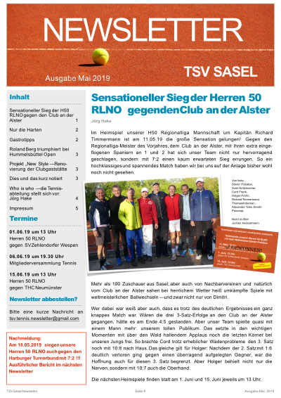 TSV Sasel Tennis Newsletter Mai 2019